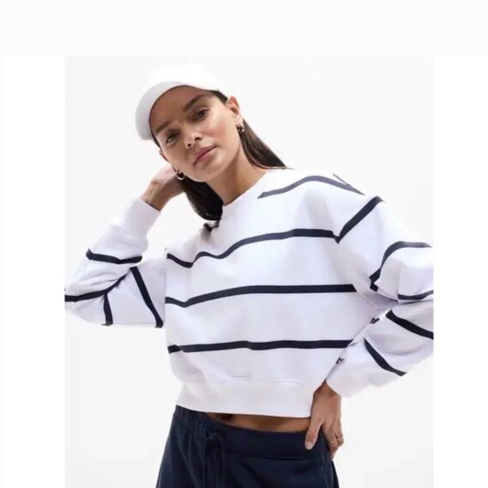 Athleta White Striped Cropped Sweatshirt with Navy Lines